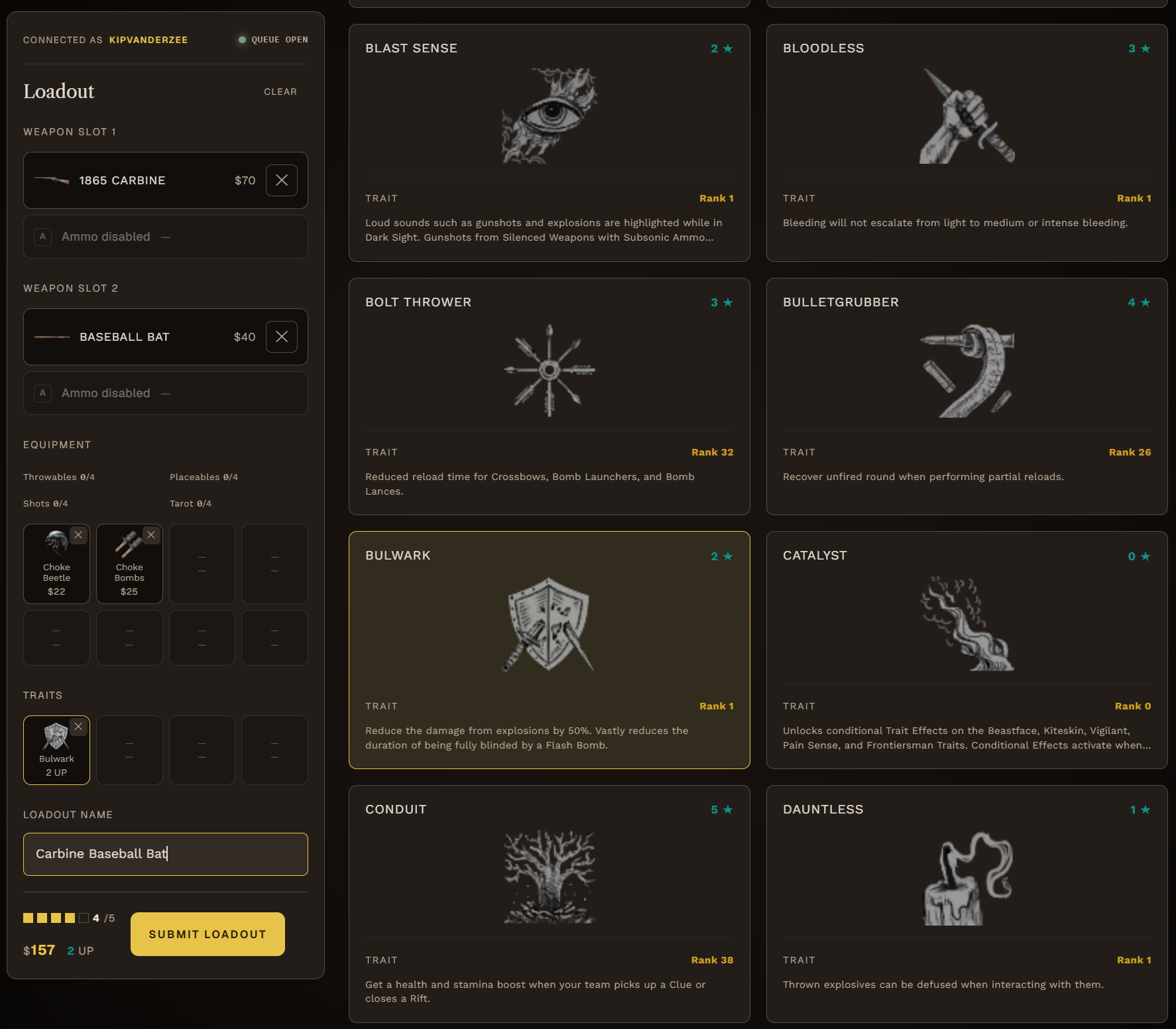 Hunt-assist loadout builder showing primary and secondary weapon slots with stat bars