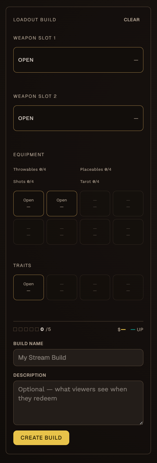 Loadout builder interface showing weapon slots with stat bars and tool selection