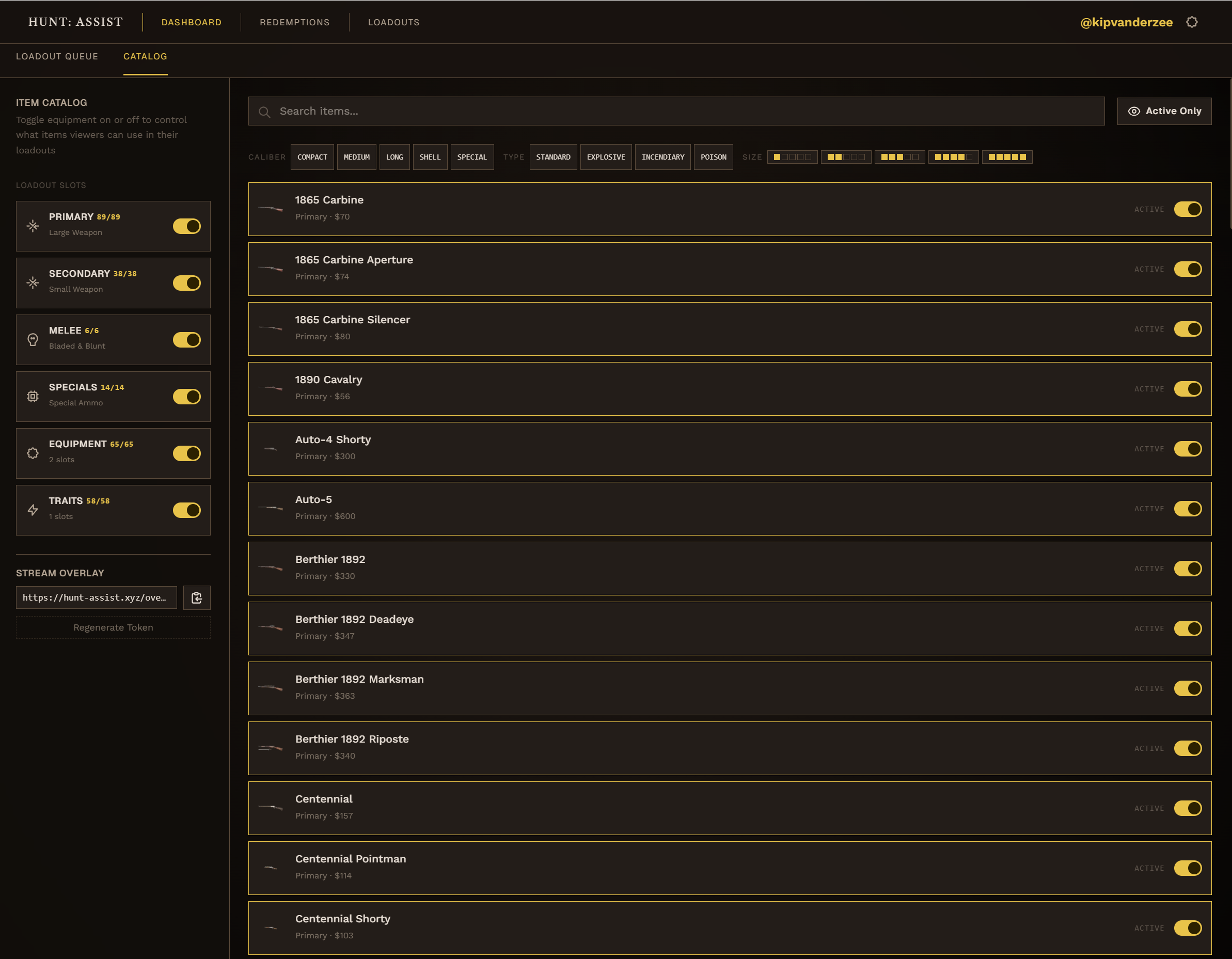 Hunt-assist catalog showing weapons, tools, and consumables available for loadout building