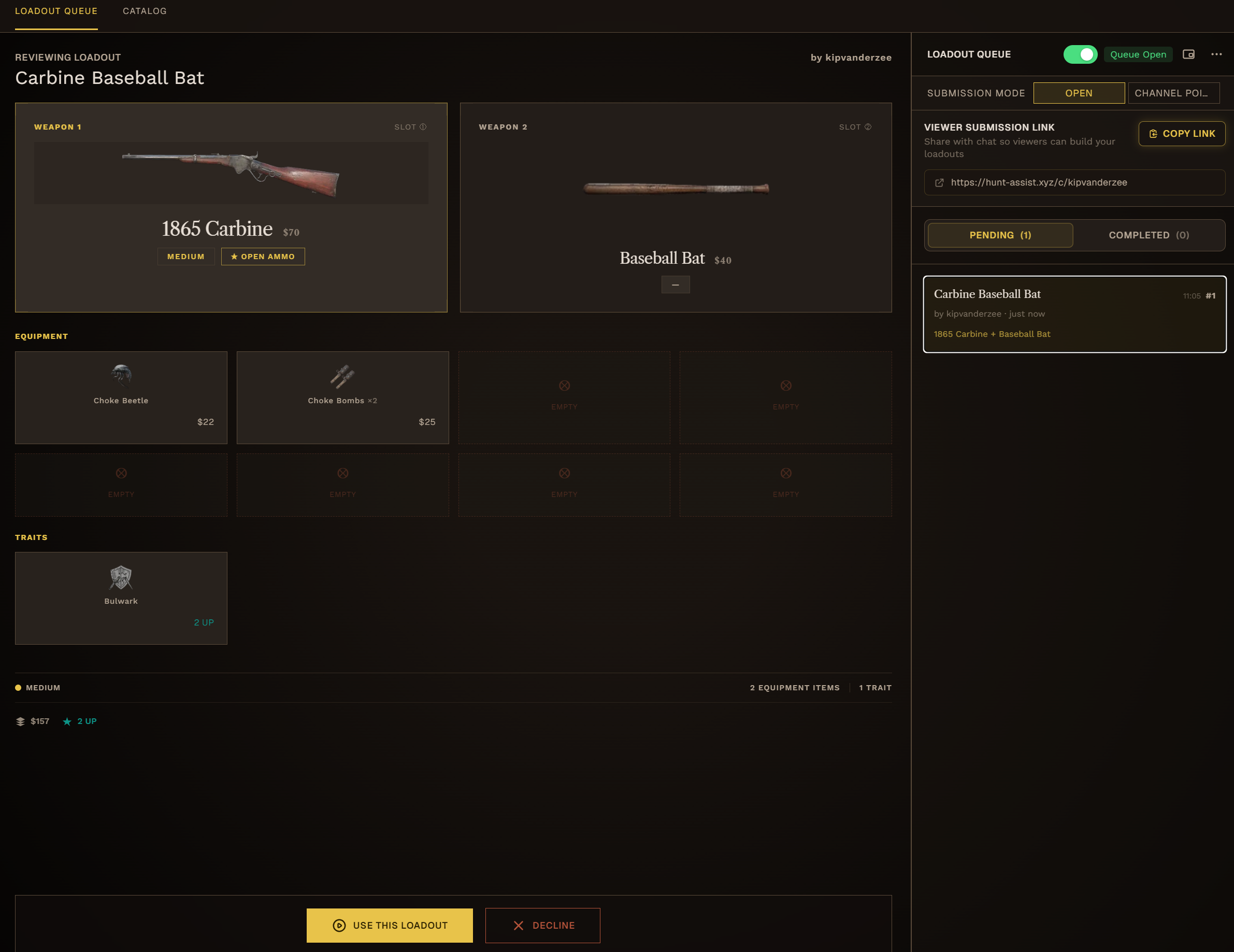 Loadout review queue showing submitted viewer loadouts with accept and decline actions
